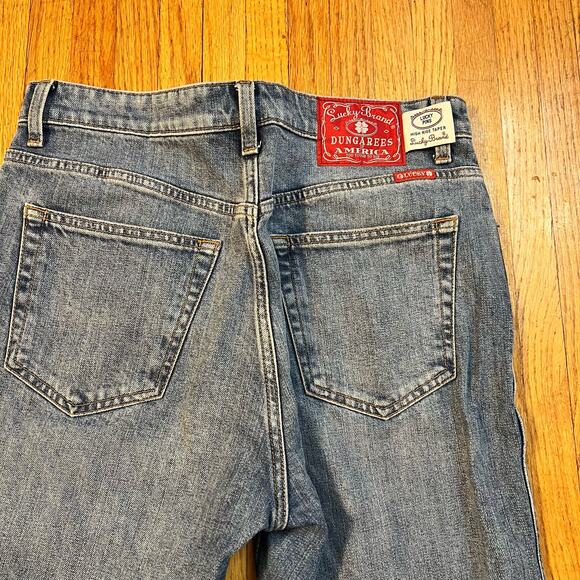 Lucky Jeans Womens 28 Spellout Straight Dungaree Button Fly Blue Denim crop - Picture 2 of 11